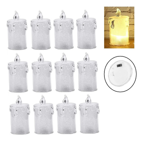 12 Velas Led Acrílico Transparente Cristal 6,5cm Decoração