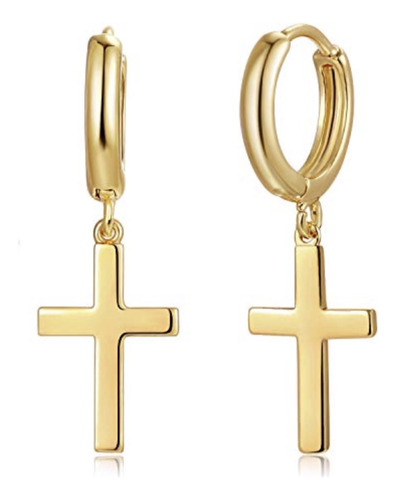 Aretes Huggies De Cruz En Baño De Oro 14k