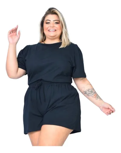 Conjunto Feminino Blusa E Bermuda Plus Size Manga Bufante Frete