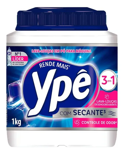 Embalagem de 1Kg do detergente Ypê Lava Louças em Pó para máquina, com destaque para a tecnologia 3em1 e secante