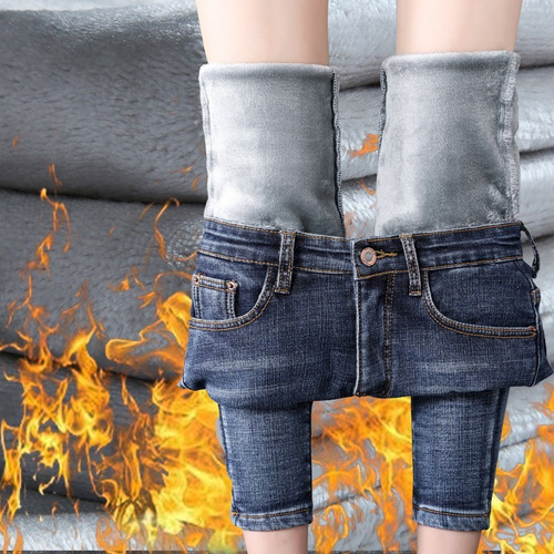 Vaqueros De Forro Polar Elástico De Cintura Alta Para Mujer