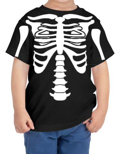 Polera Algodón Niño Estampado De Huesos, Esqueleto Halloween
