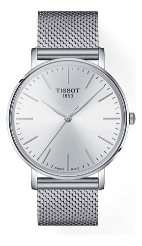 Reloj pulsera Tissot T143.410 Everytime Gent con correa de acero inoxidable color plateado - fondo blanco