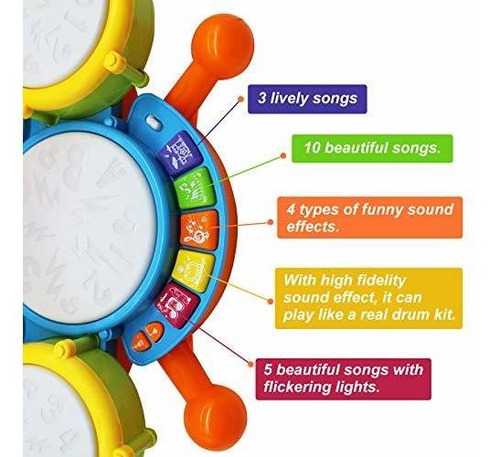 Bateria Para Bebes Con Baquetas Microfono Luces Y Sonido