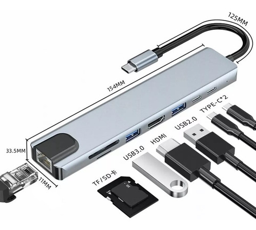 Adaptador Hub Usb C 8 En 1 Usb 3.0 Hdmi 4k  Mac iPad Laptop