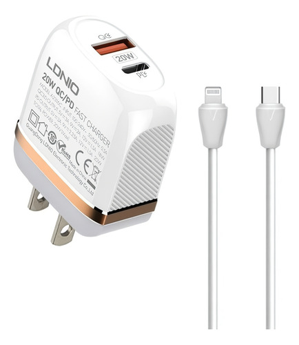 Cargador Carga Rapida + Cable Pd 4.0 20w Y Puerto Usb 3.0 Color Blanco