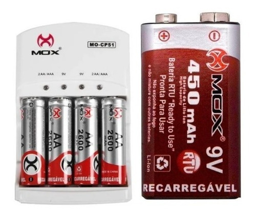 4 Pilhas Mox Aa 2600 Mah + 2 Bateria 9v 450mah + Carregador