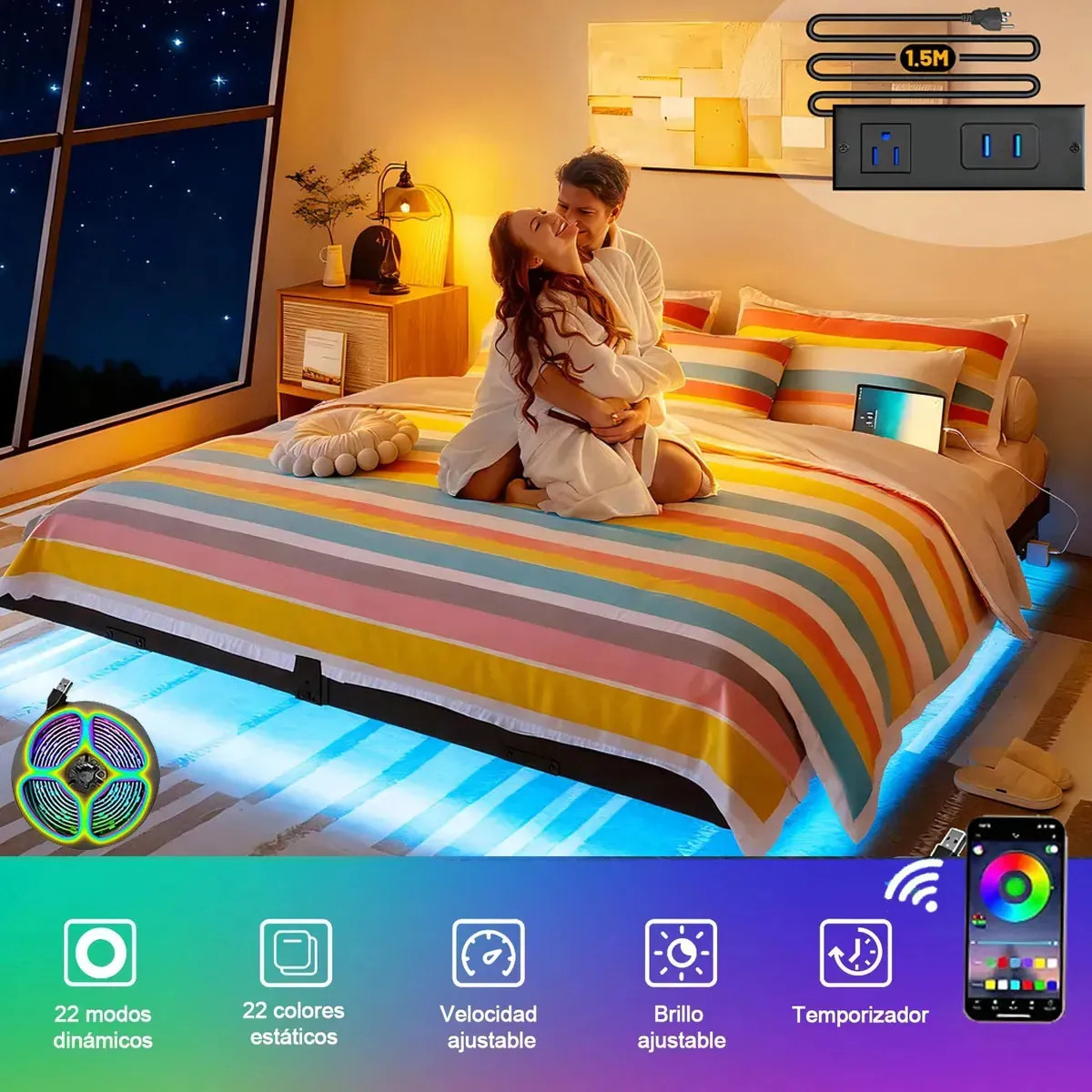 Base Cama King Flotante con Luz LED y Estación de Carga USB,para Colchón （202*192*20.3cm）