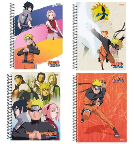 Kit 4 Cadernos Naruto Shippuden Espiral 1 Matéria Escolar