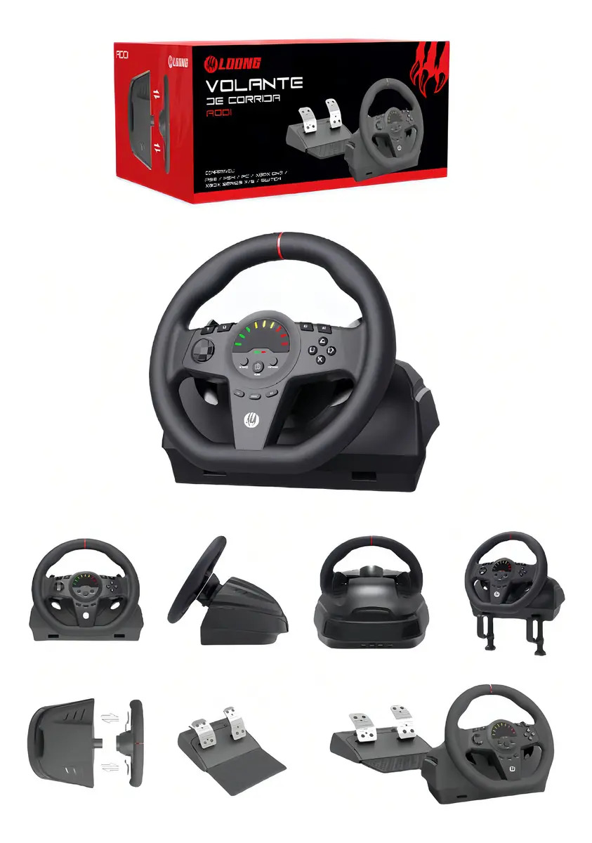 Volante Gamer Loong MGV-A001 com Pedais Preto PS4 PC Xbox Switch