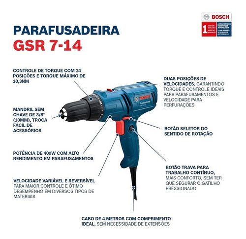 Imagem 4 de 7 de Parafusadeira Furadeira Elétrica Bosch Gsr 7-14e 400w