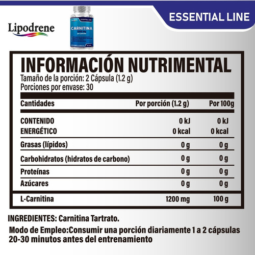 Carnitina 1200 Mg | Lipodrene | Essential 60 Caps Sabor Sin Sabor
