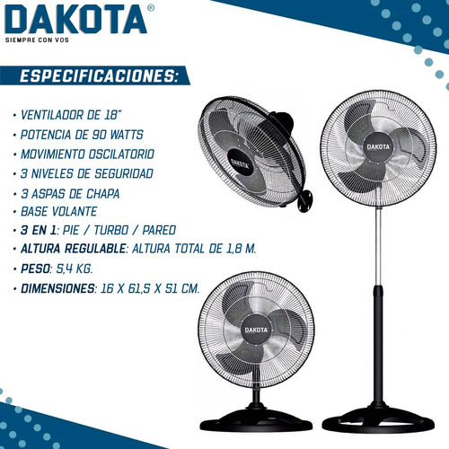 Imagen 2 de 10 de Ventilador 18 Dakota 3 En 1 Pie Turbo Pared Potente + Regalo