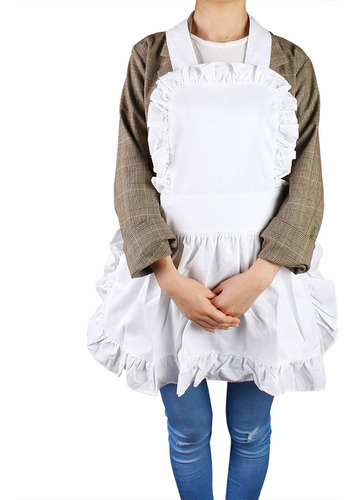 Delantal De Algodón Blanco Para Mujer, Con Volantes
