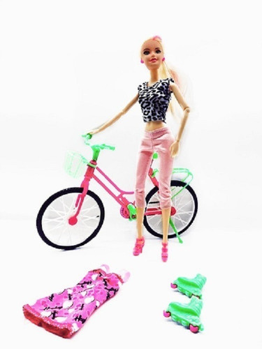 Boneca Ciclista Articulada Com Patins E Vestido Extra