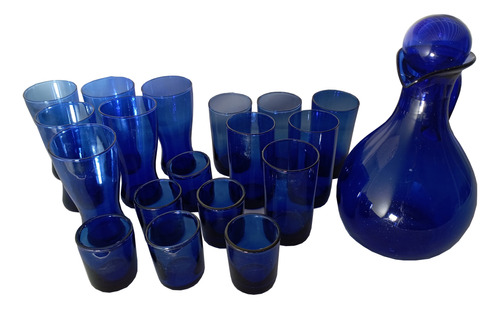 Vasos De Vidrio Azul  + Jarra Azul 2 Litros