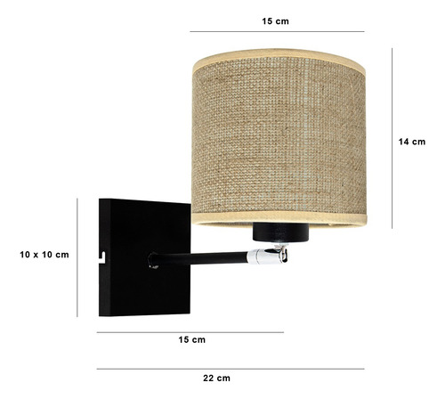 Aplique De Pared Velador Lampara Cabecera Pantalla Apto Led Estructura Negro/Arpillera Oscura