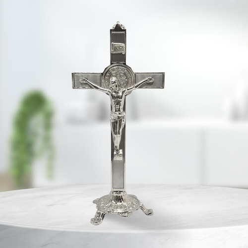 Crucifixo De Mesa Pequeno Cruz Parede Metal Prata 20cm