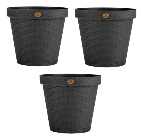 Maceta Redonda Con Plato Rattan 20 Cm Plastico Kit De 3