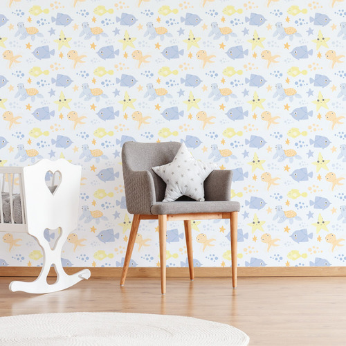 Imagem 2 de 3 de Papel De Parede Infantil Fundo Do Mar Azul Laranja 57x270cm
