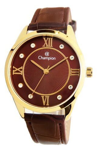 Reloj Champion para mujer, color dorado y vino, piedras con fondo de piel
