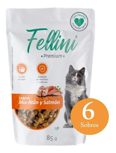 6 X Alimento Húmedo Gato Fellini Mix Atún Y Salmón 85gr. Np