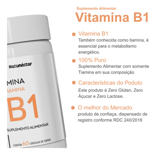 Suplemento Natunéctar Vitamina B1 Sabor Sem Sabor De 500mg X 60 Un