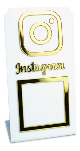 Placa Instagram Qr Code Display Acrílico Loja Balcão Branco Cor Branco e Dourado