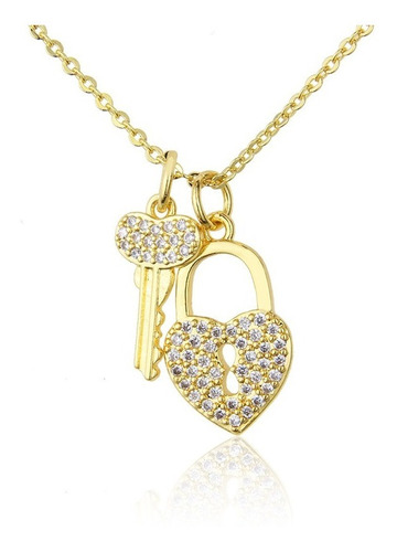 Collar Candado De Corazón Y Llave Dorado Con Circón Blanco