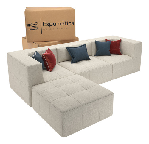Sofá Cama Bouclê Bege/nude Com Chaise Bilateral Modular Compacto Na Caixa Vira Casal Estilo Industrial