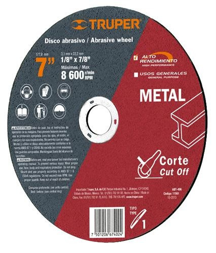 Disco Corte Metal 7' Larga Duracion. Truper 11561