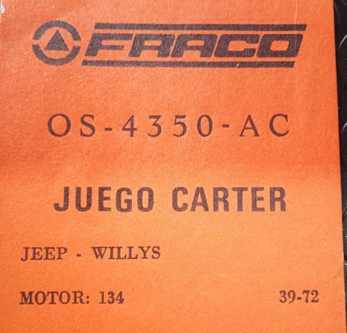 Empacadura De Carter Jeep Wellys  Del Año 34 Al 72 Fraco