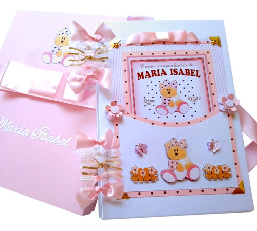 Imagem 1 de 10 de Álbum Livro De Bebê Menina Ursinha Scrapbook Fotos Com Caixa