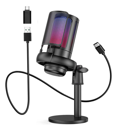 Micrófono Condensador USB profesional LED RGB Para Gamer - Para Pc - Para Celular Tipo C - Podcast - Streamers