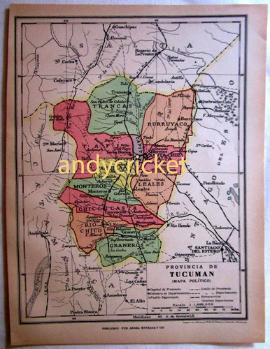 Antiguo Mapa Color 1926 Tucuman Ferrocarriles Plano