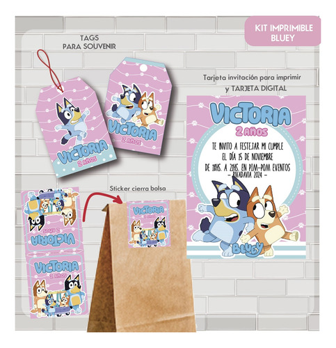 Kit Imprimible Candy Bar Deco Personalizado Bluey Rosa
