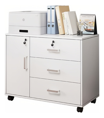 Archivero Madera 3 Cajones Para Oficina Con Llave 4 Ruedas Blanco