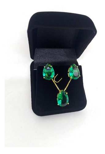 Colar E Brinco Gota Zirconia Verde Banhado C/ Garantia