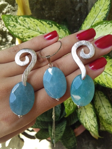 Conjunto De Colar E Brincos Pedra Natural Água Marinha