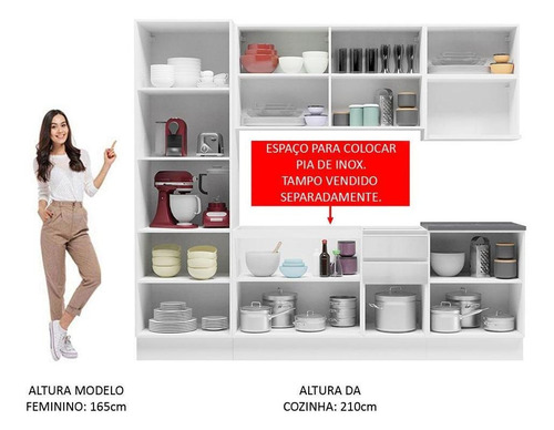Armário de Cozinha Completa Modulada com Balcão para Cooktop Mdf Acordes Madesa 240001 Branco Brilho