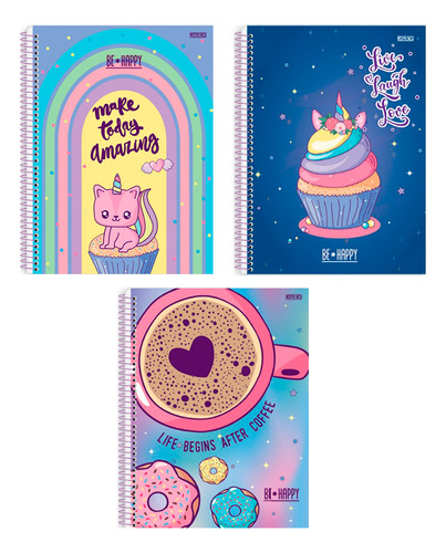 Caderno Unv Espiral Capa Dura Be Happy Cores 160f 10mat