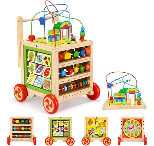 Carrito Andador De Madera Con Juegos Para Bebe Educativo Multicolor