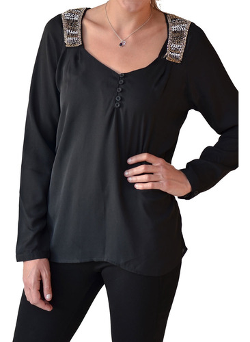 Blusa Aplic Mostacilla Negra Alexandra Cid