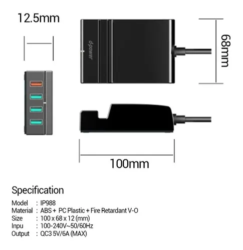 Cargador Zapatilla 4 Puertos Usb 6.0a Q3.0