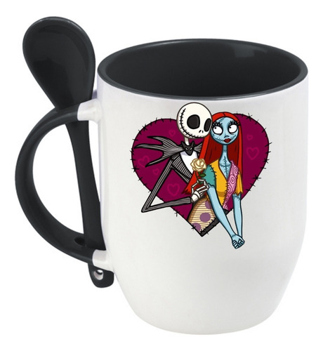 Taza Con Cuchara Jack Y Sally En Corazón Cerámica 320 Ml Negro Jack Y Sally