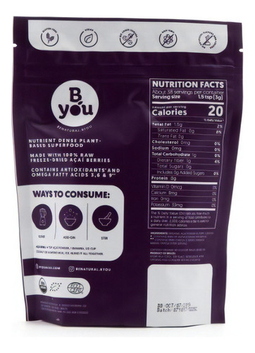 Suplemento Em Bag Byou Açai Em Pó Energético Açai Em Pó Sabor Açaí Em Saco De 113g