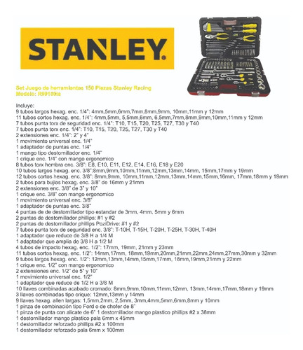 Imagen 2 de 6 de Juego Tubos Y Herramientas Stanley Racing 150 Piezas 99150 Color Herramientas Amarillo