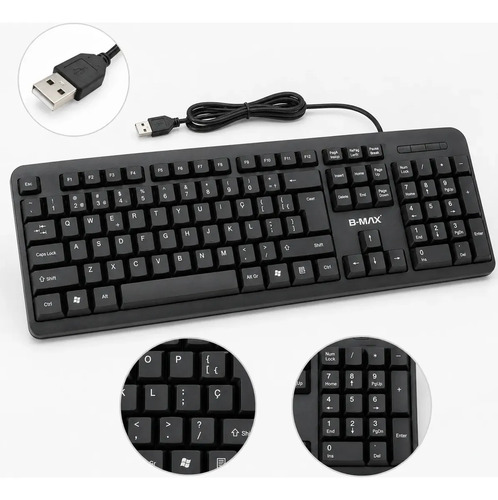 Teclado USB Com Fio B-Max BM-T02 ABNT2 Silencioso Ergonômico Preto