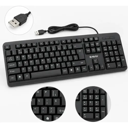 Teclado USB Com Fio B-Max BM-T02 ABNT2 Silencioso Ergonômico Preto