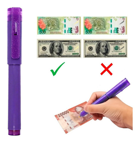 Lápis detector de notas falsas, luz UV, dólares e pesos, cor roxa